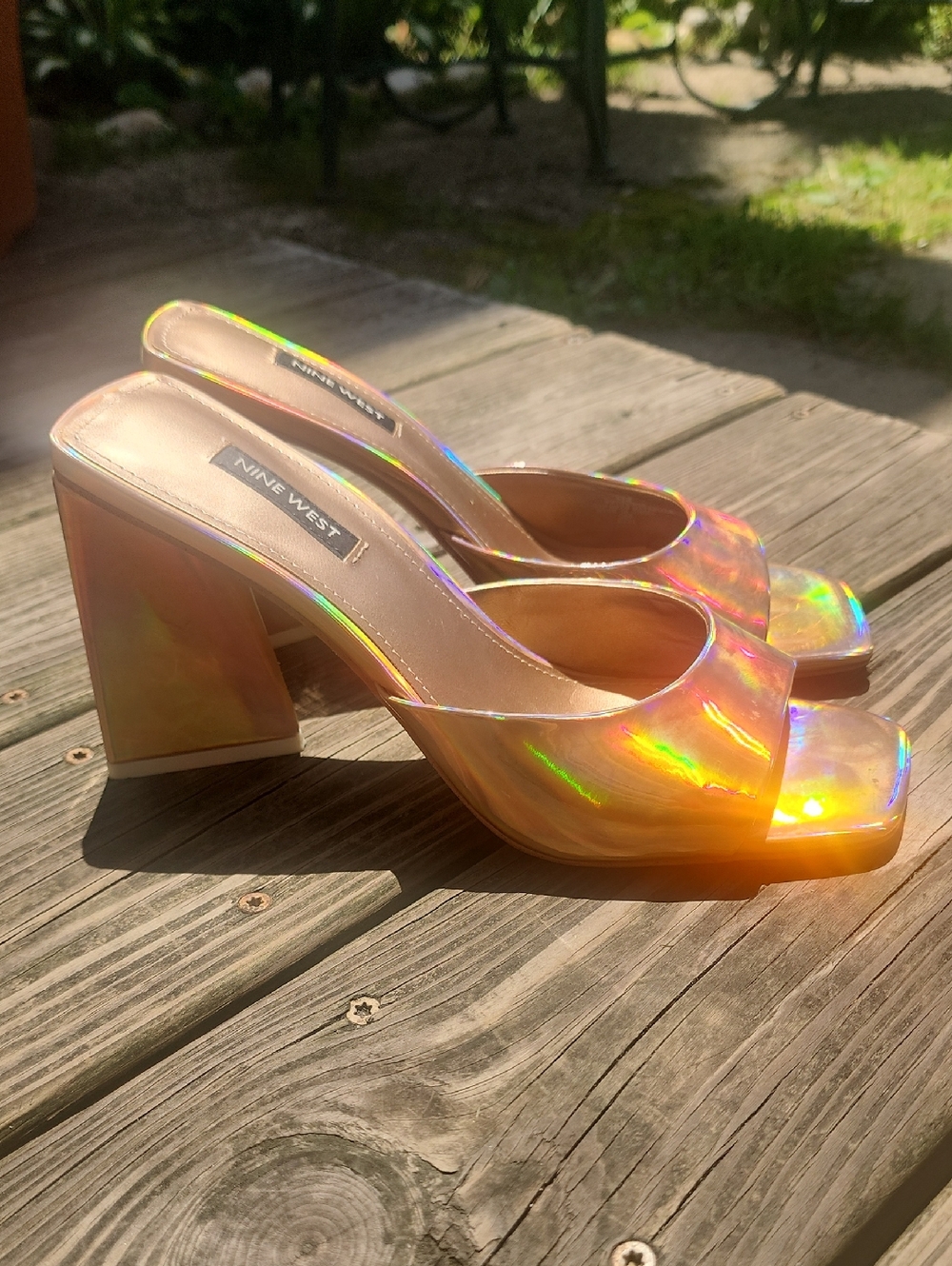 Nine West Yougo Iridescent Open-Toe Heeled Slide Sandals - Holographic 8.5 - Picture 10 of 11